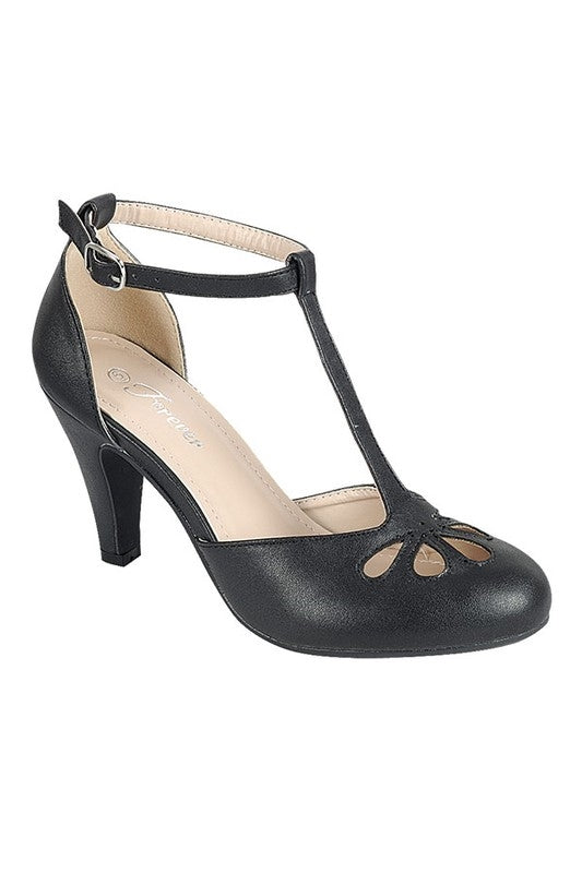 women's black t-strap shoe with 3" heel and teardrop cut-outs at toe