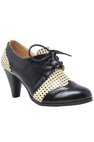 black with cream and black dot spectator detail lace up oxford pump shoe with 3" heel 