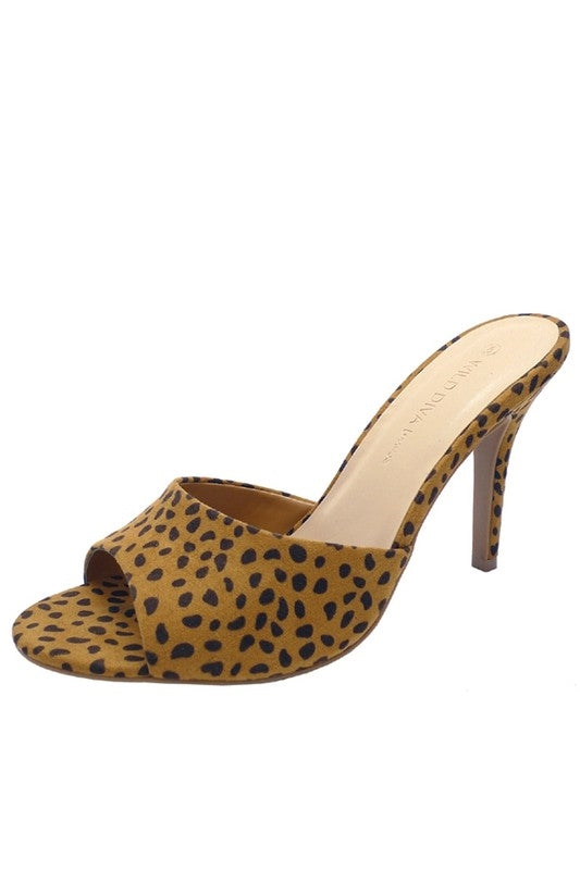 tan with black cheetah print faux suede high (4") heel low vamp slide sandal