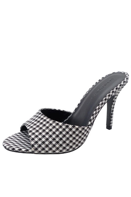 black white houndstooth print fabric high (4") heel low vamp slide sandals