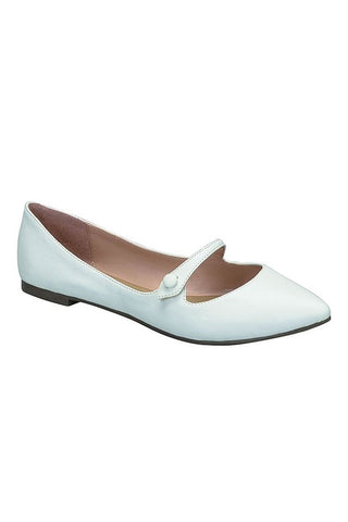 White pointed toe mary jane flat with buttoned strap detail