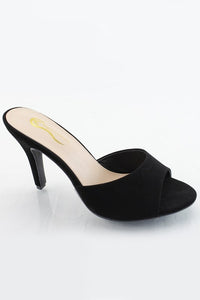 black faux suede high (4") heel low vamp slide sandals 