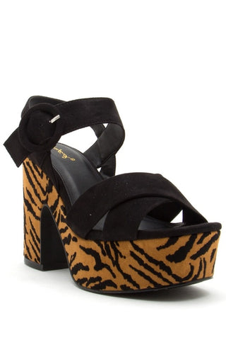 faux suede platform sandal black upper with textured tan & black tiger print