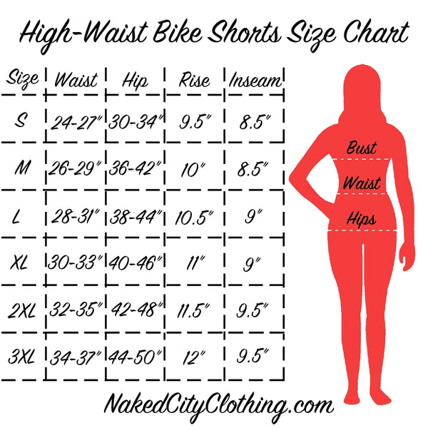 "High-Waist Bike Shorts Size Chart" info graphic