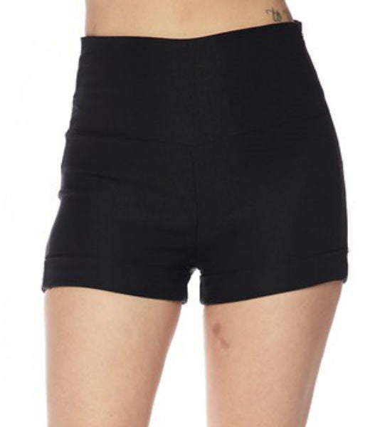 fitted black stretch high-waist cuffed shorts with side zip closure, shown on model