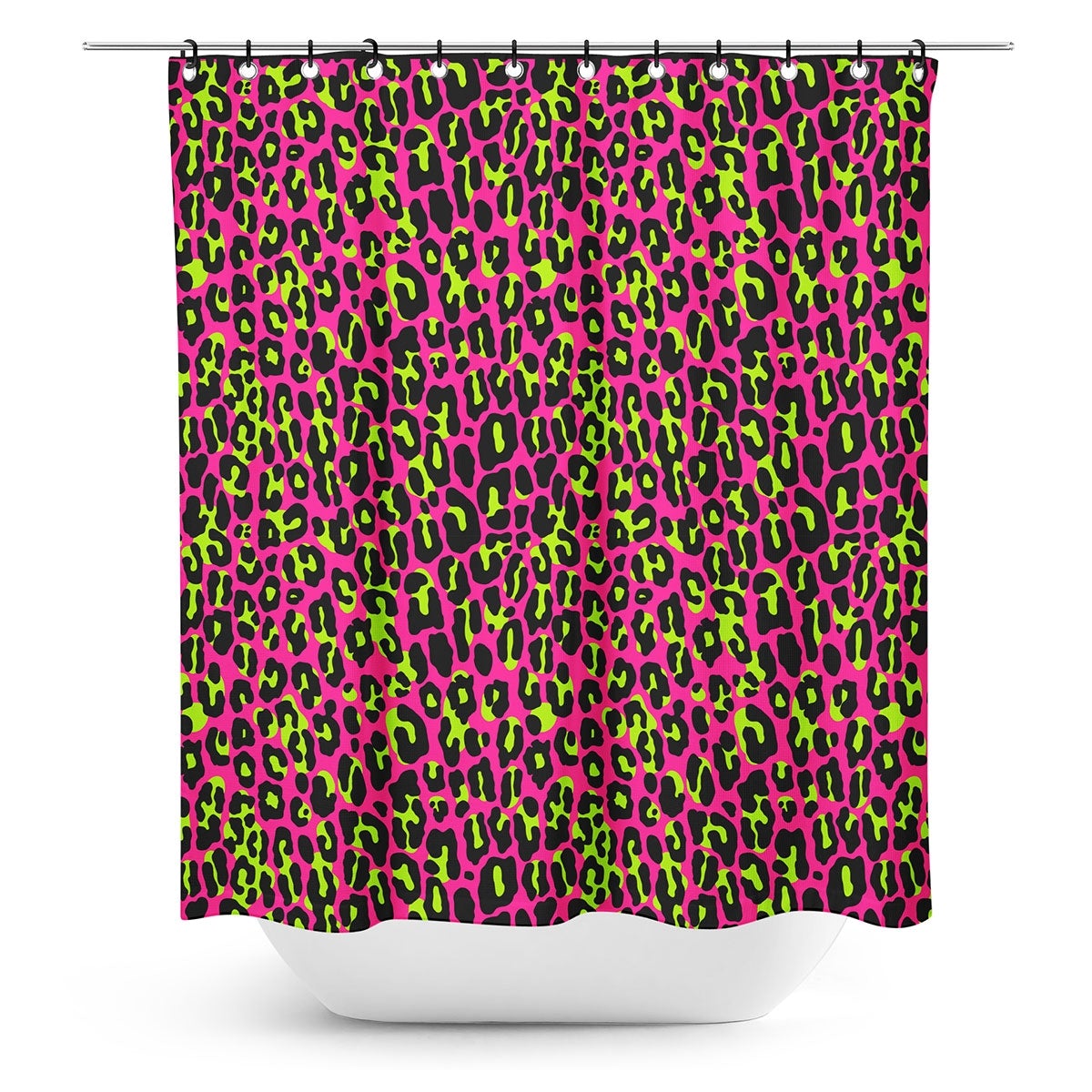 72" x 72" Polyester neon pink and green  print shower curtain with black plastic rings included