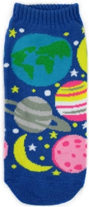 women's ankle socks in royal blue with multicolor illustrated outer-space planetary print