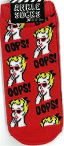 red ankle socks with allover "OOPS!" script & retro blond-haired gal face print