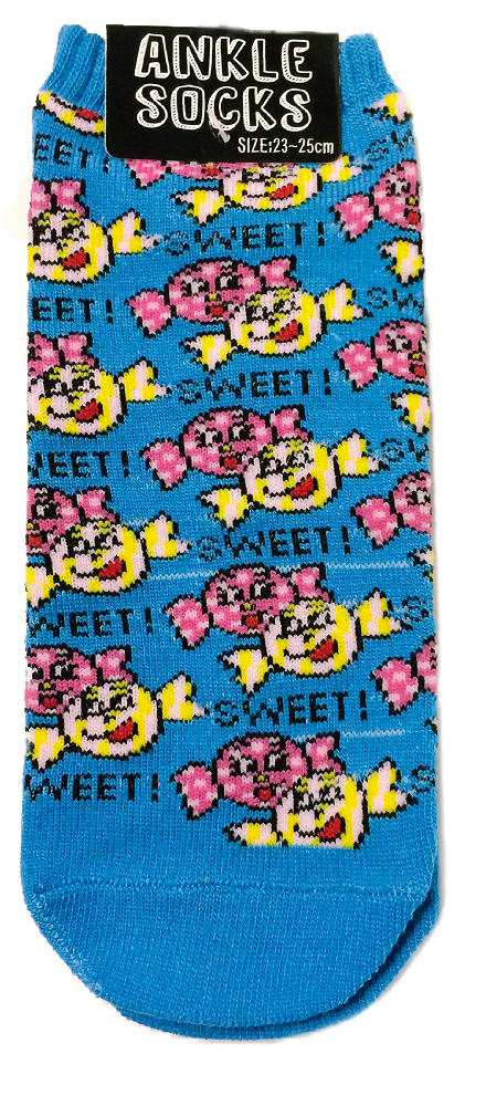 blue background allover "SWEET!" script and faces candy print anklet socks