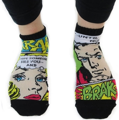 brightly colored classic comic allover print with black toe and top band ankle socks, shown on model