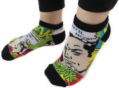 brightly colored classic comic allover print with black toe and top band ankle socks, shown on model