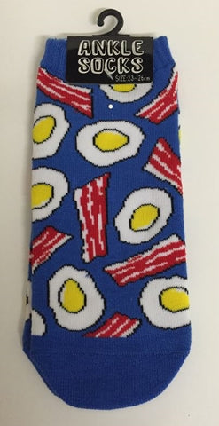 women's sizing ankle socks in royal blue with allover multicolor print of fried eggs and bacon slices