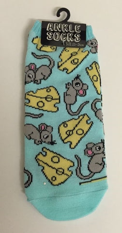 women's ankle socks in pale blue with allover print of mice and swiss cheese wedges