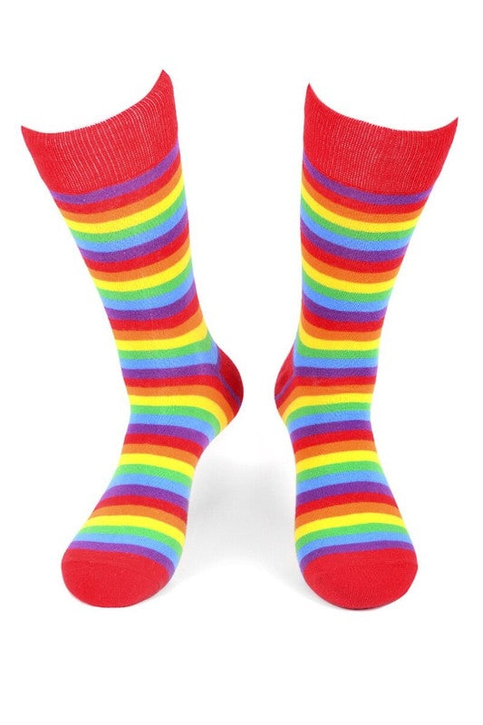 pair men's sizing soft knit rainbow stripe crew socks, with red toe, heel, and top band