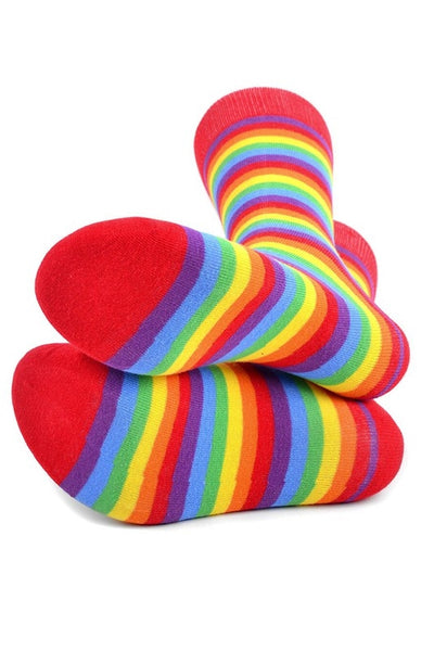 pair men's sizing soft knit rainbow stripe crew socks, with red toe, heel, and top band