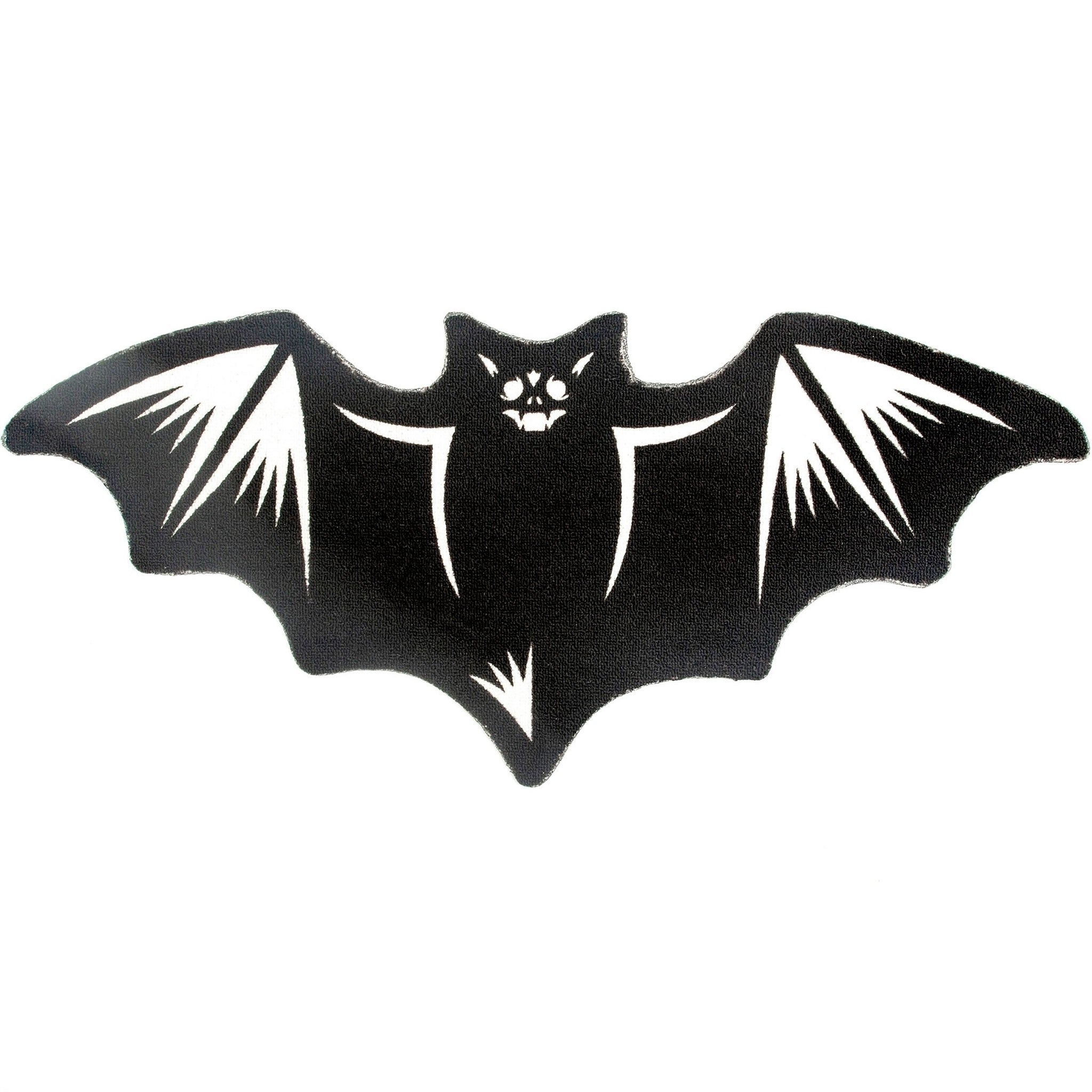 2' black & white bat-shaped shaped area throw rug from with a tight loop printed design on front