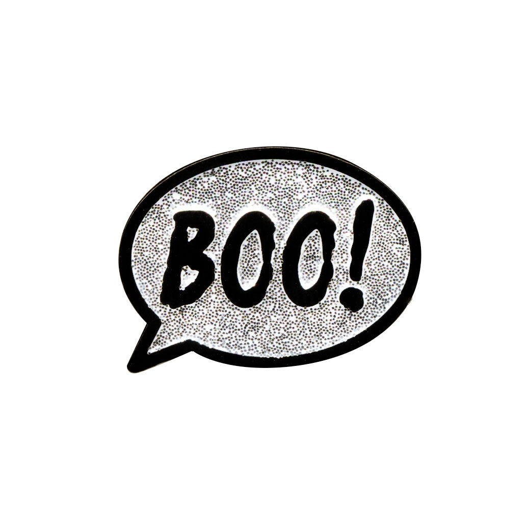 "BOO!" speech balloon glittery silver on black enameled metal clutch back pin