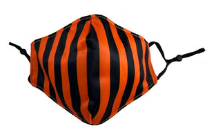 black & orange vertical stripe polyester knit shaped face mask with adjustable black ear loops