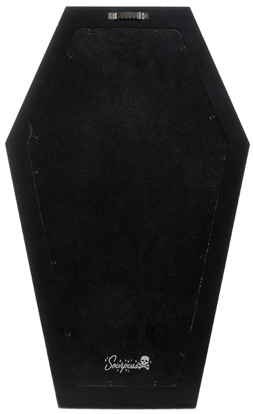 15" tall black on black coffin shaped cork memo wall hang board, showing back view