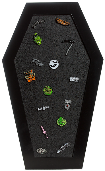 15" tall black on black coffin shaped cork memo wall hang board, showing with assorted pins on display