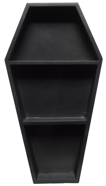 MDF construction 14" tall black Coffin shaped wall hang display shelf with 3 shelves