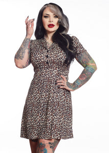 leopard print short sleeve collared Rosie Dress three button closure bodice, above the knee length a-line silhouette, shown on model