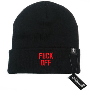 red embroidered "Fuck Off" script on black knit cuffed beanie hat