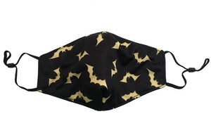 black with beige allover bats print polyester knit shaped face mask with adjustable black ear loops