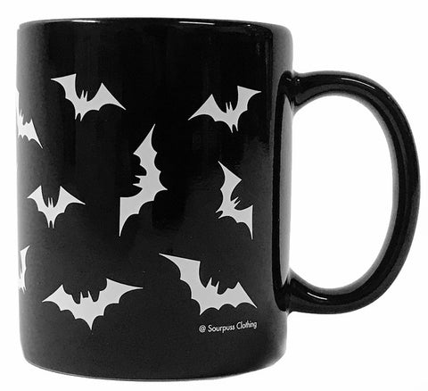 "Luna Bats" allover print in white on black ceramic mug