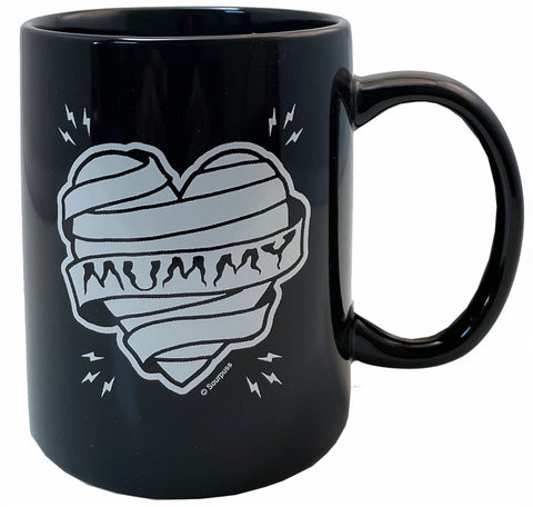 "Mummy" bandage banner heart in white on black ceramic mug