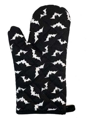 black with white allover Luna Bats print with black trim oven mitt