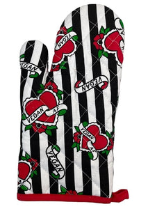 black & white vertical stripe background "Vegan AF" red heart print oven mitt
