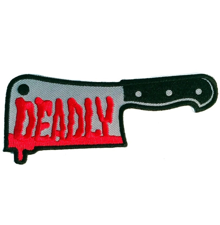 "DEADLY" blood script cleaver 2" enameled silver metal clutch back pin