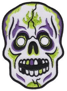 retro Halloween mask inspired white, purple & green 4" smiling skull iron or sew on embroidered patch