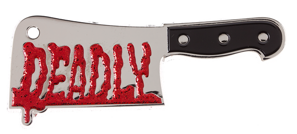 "DEADLY" blood script cleaver 2" enameled silver metal clutch back pin