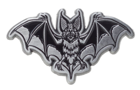 Fierce little bat, ready for action, clutch back 1.25" lapel pin in silver metal with black enamel