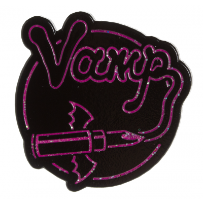 "Vamp" text and bat-winged lipstick hot pink glitter on black 1" enameled metal pin
