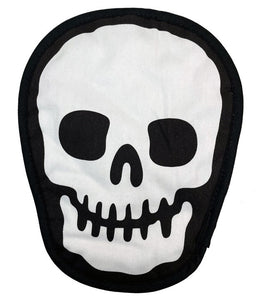 quilted Skull shape pot holder in black & white with striped reverse and black trim