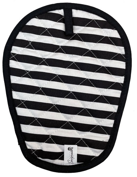 quilted Skull shape pot holder in black & white with striped reverse and black trim, back view