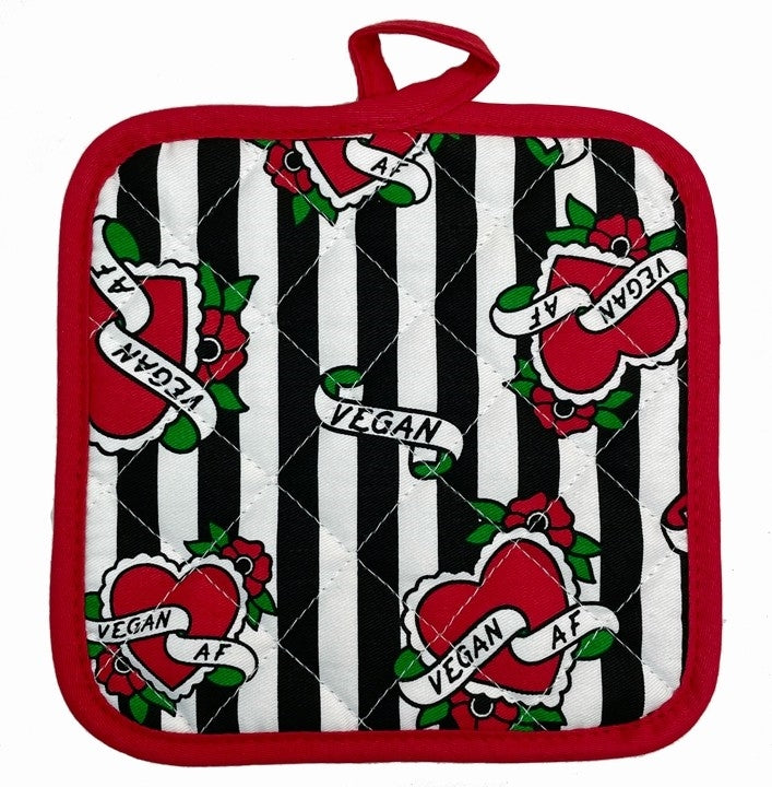 quilted square pot holder in black & white vertical stripe background "Vegan AF" red heart print with red trim