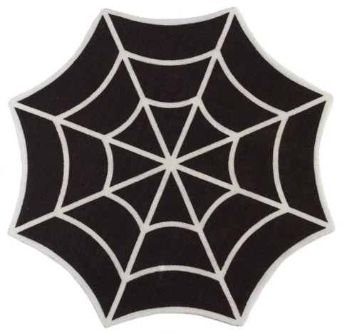 3' black & white spiderweb shaped area throw rug with a tight loop printed web design on front 