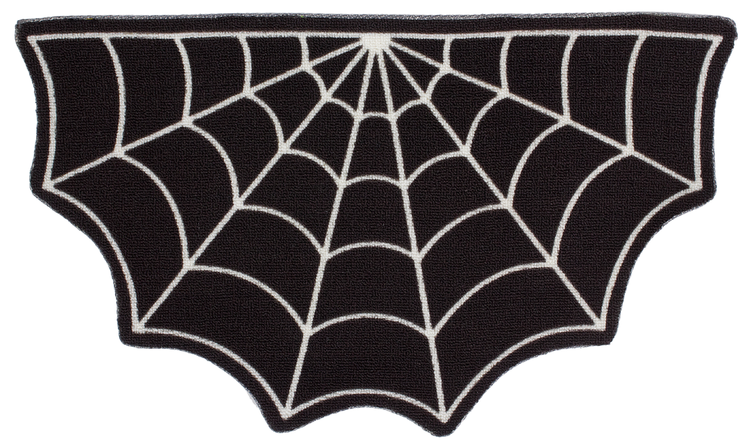 2' black & white spiderweb 1/2 round shaped area throw rug from with a tight loop printed design on front 