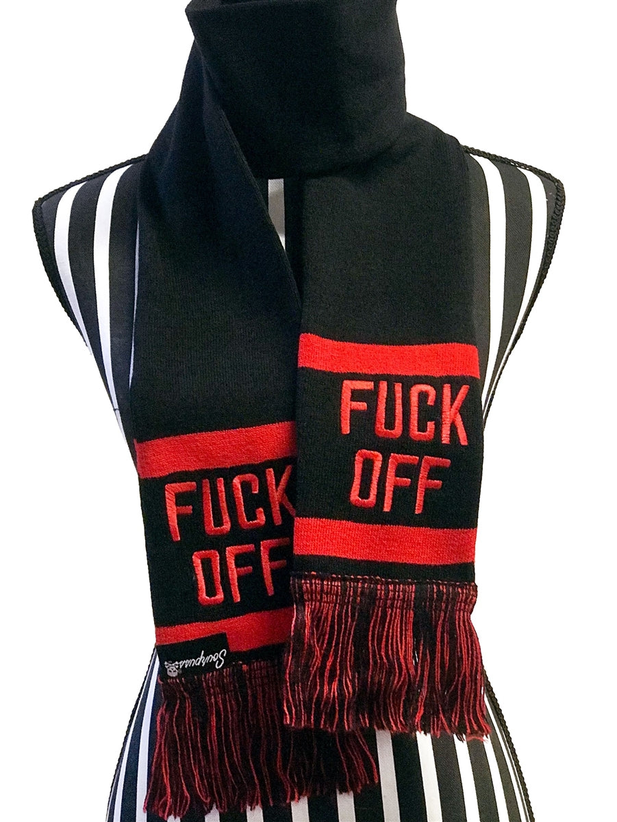 "Fuck Off" script embroidered design 60" x 5" black and red fringed scarf