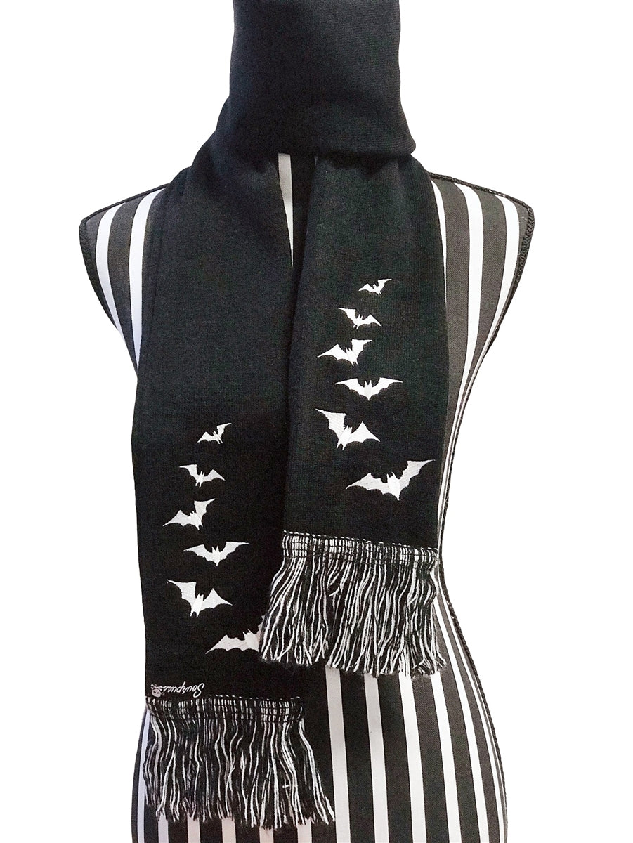 black with white embroidered Luna Bats design 60" x 5" fringed scarf