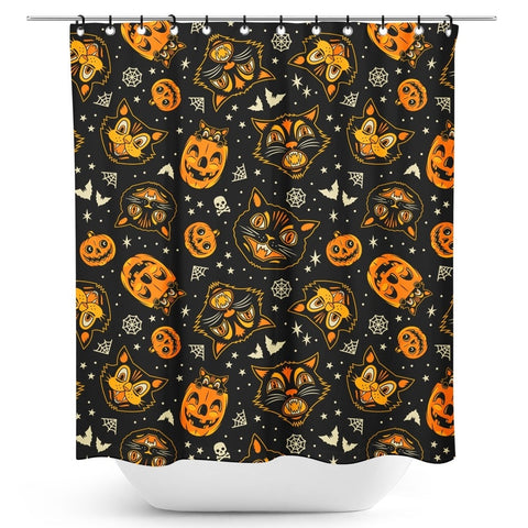 72" x 72" Polyester black orange white allover "Classical Halloween" print Shower Curtain plastic rings included