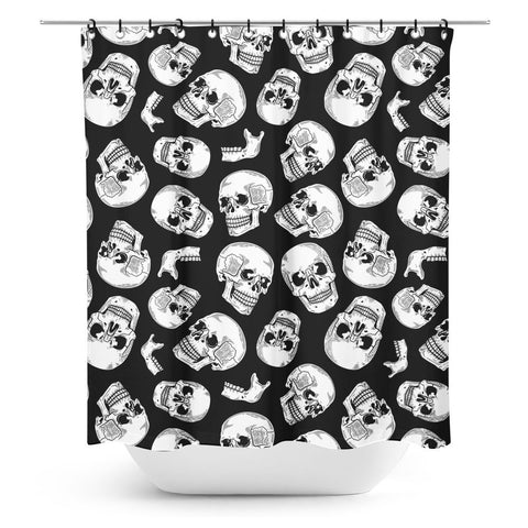 72" x 72" Polyester white on black allover large "Anatomical Skulls" print Shower Curtain with black plastic rings included