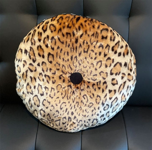 leopard print velvet 16" round pillow black piping trim black button center