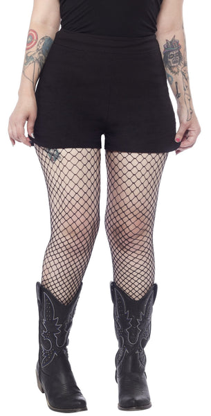 high waist black stretch bengaline shorts with back zip closure, shown on model
