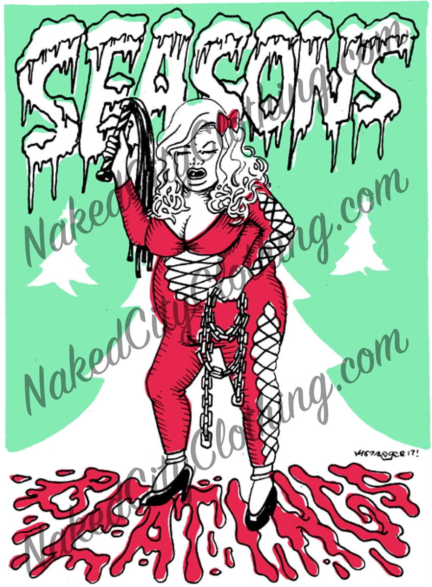 "Seasons Beatings" text Limited Edition  5" x 7" John Waters Christmas Card featuring Edith Massey with bondage gear by Portland Artist Matt Stanger