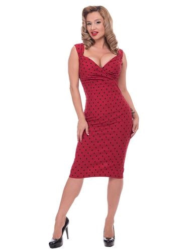 red & black polka dot knee length sleeveless wiggle dress sweetheart neckline, shown on model